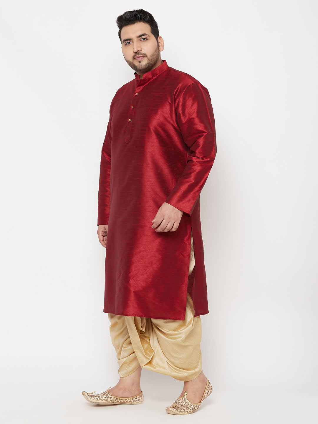 Men's Plus Size Maroon Silk Blend Kurta And Gold Dhoti Set
