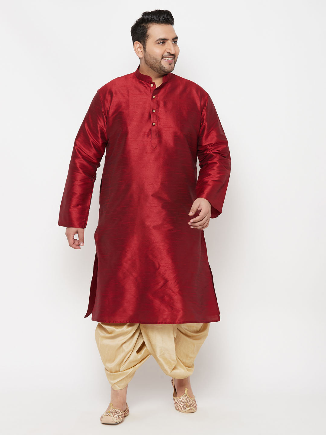 Men's Plus Size Maroon Silk Blend Kurta And Gold Dhoti Set