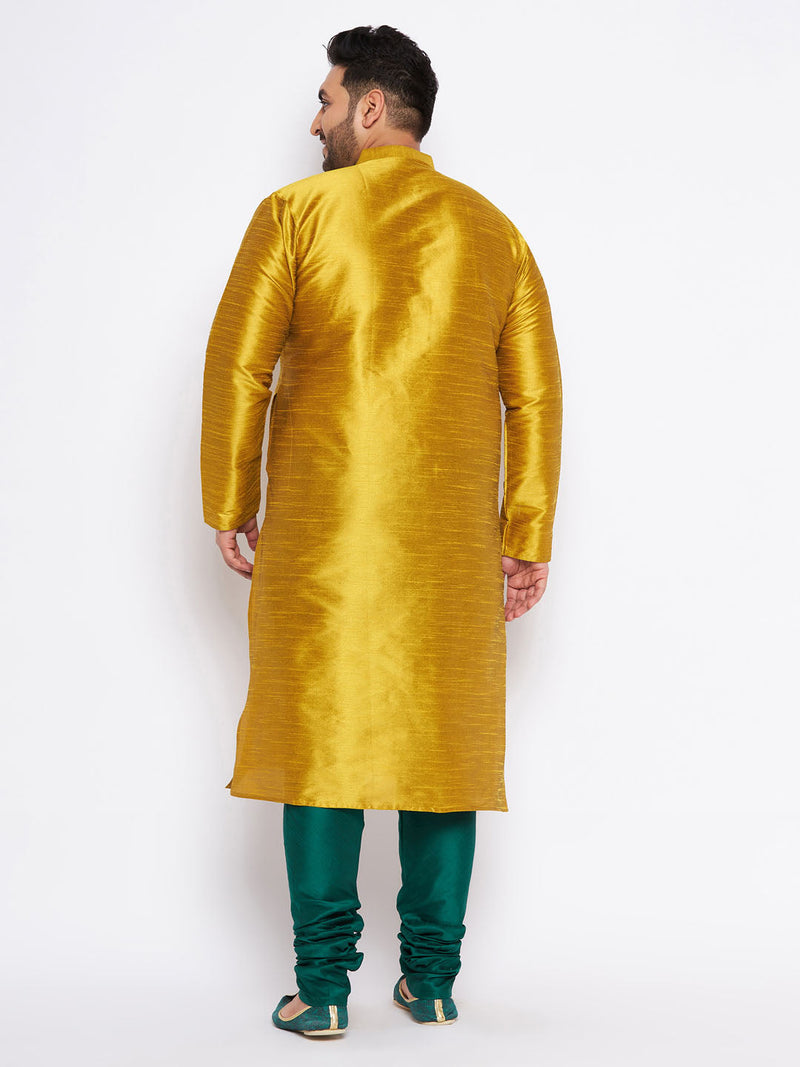 Men's Plus Size Mustard Silk Blend Kurta And Green Pyjama Set