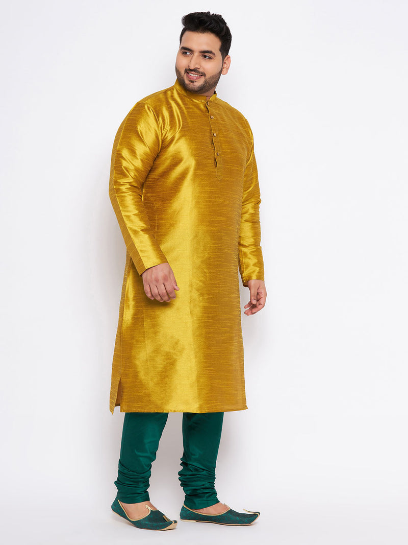 Men's Plus Size Mustard Silk Blend Kurta And Green Pyjama Set