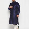Men's Plus Size Navy Blue Silk Blend Kurta And Cream Pant Style Pyjama Set