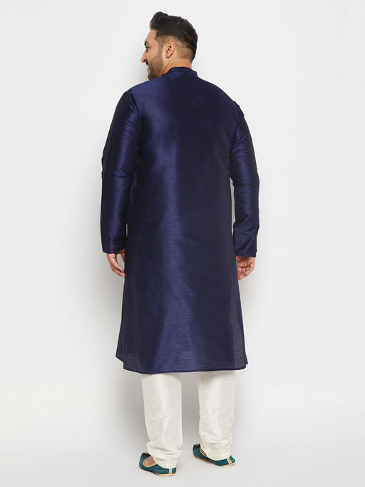 Men's Plus Size Navy Blue Silk Blend Kurta And Cream Pant Style Pyjama Set