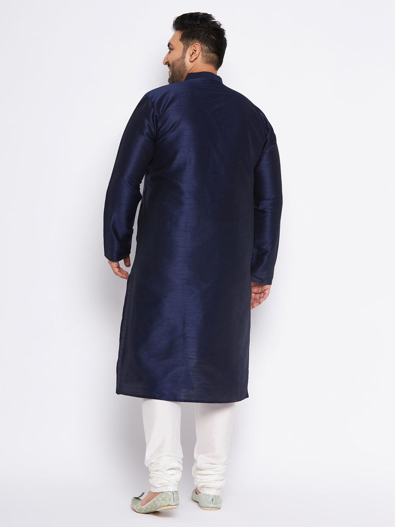 Men's Plus Size Navy Blue Silk Blend Kurta And Cream Pyjama Set