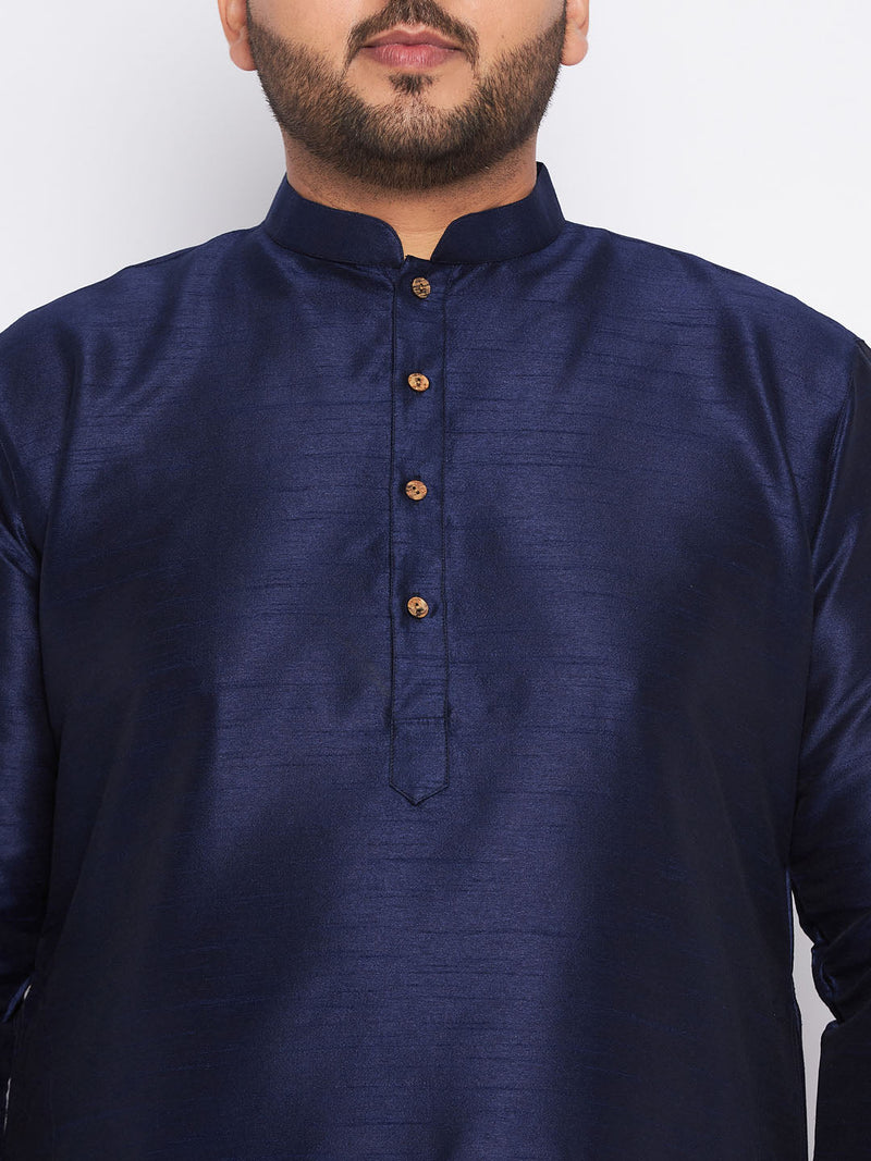 Men's Plus Size Navy Blue Silk Blend Kurta And Cream Pyjama Set