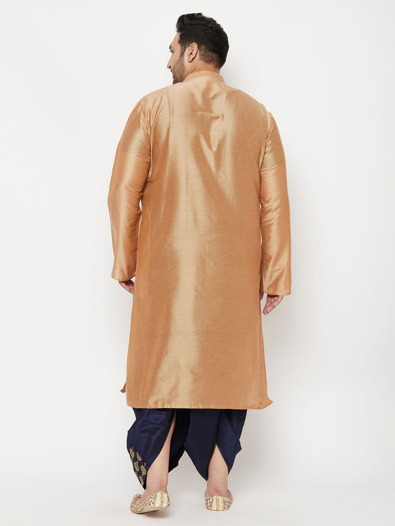 Men's Plus Size Viscose Rose Gold Silk Blend Kurta And Navy Blue Dhoti Set