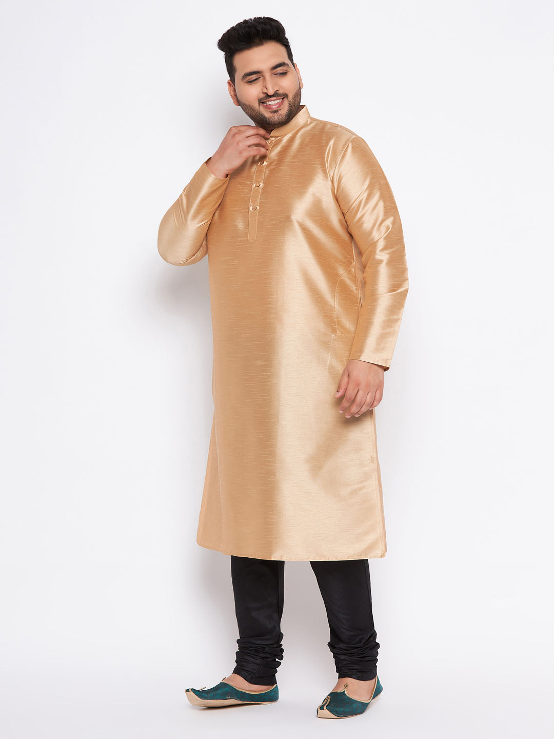 Men's Plus Size Rose Gold Silk Blend Kurta And Black Pyjama Set