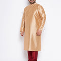 Men's Plus Size Rose Gold Silk Blend Kurta And Maroon Pyjama Set