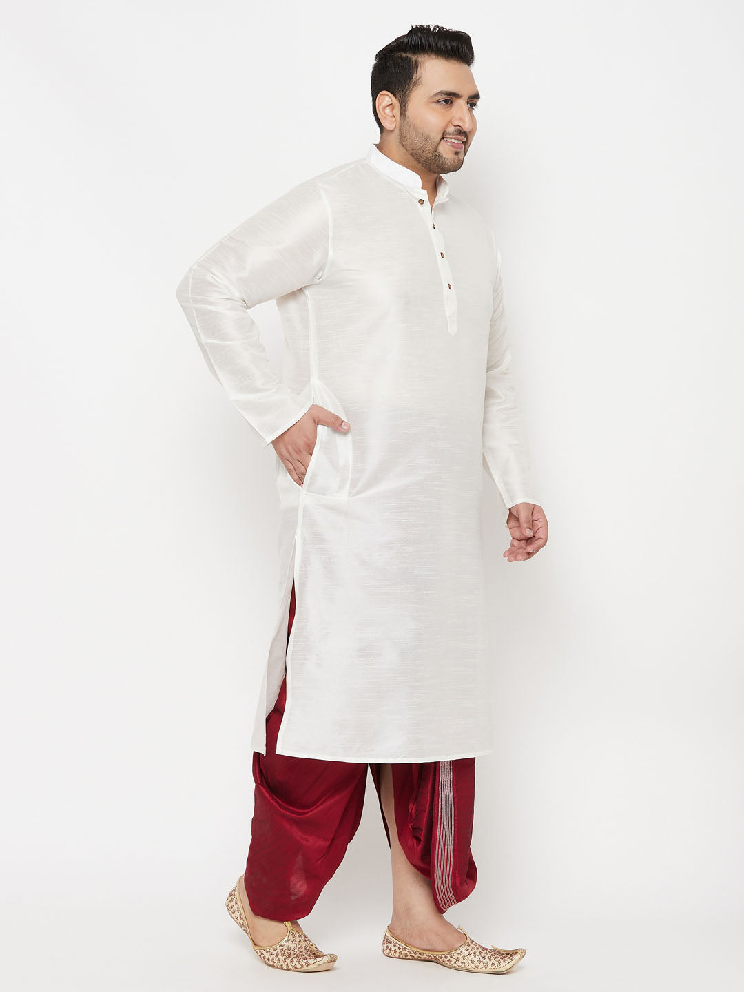 Men's Plus Size White Silk Blend Kurta And Maroon Dhoti Set