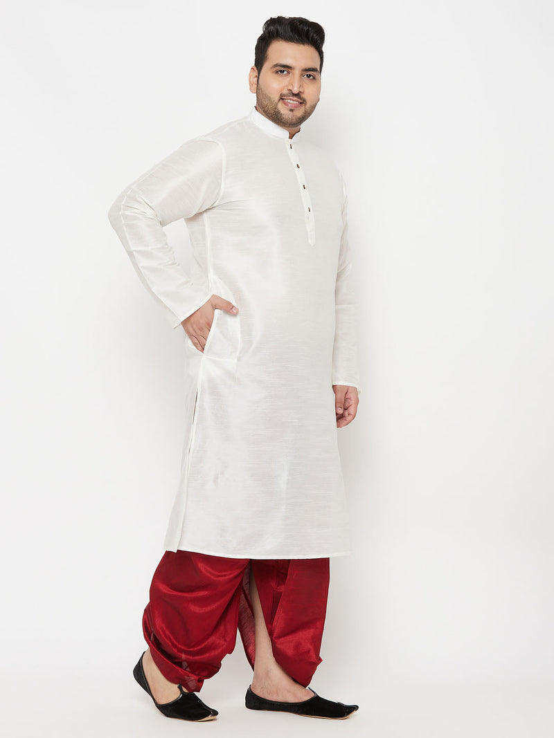 Men's Plus Size White Silk Blend Kurta And Maroon Solid Dhoti Set