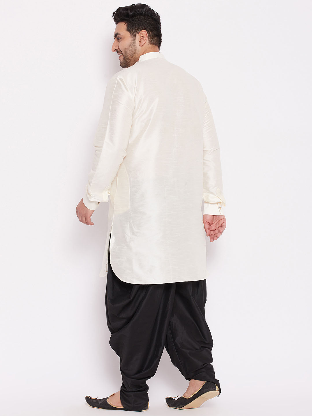 Men's Plus Size Cream Silk Blend Curved Kurta Dhoti Set