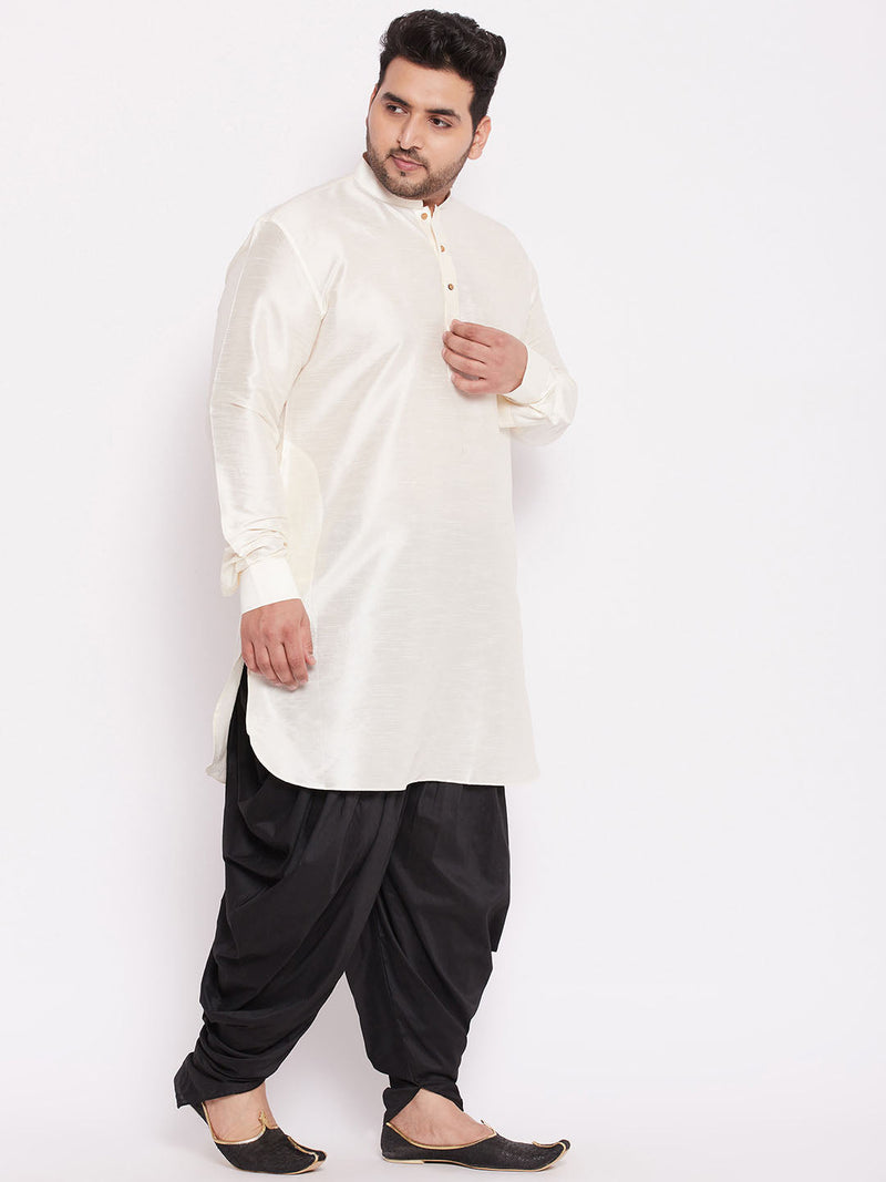 Men's Plus Size Cream Silk Blend Curved Kurta Dhoti Set