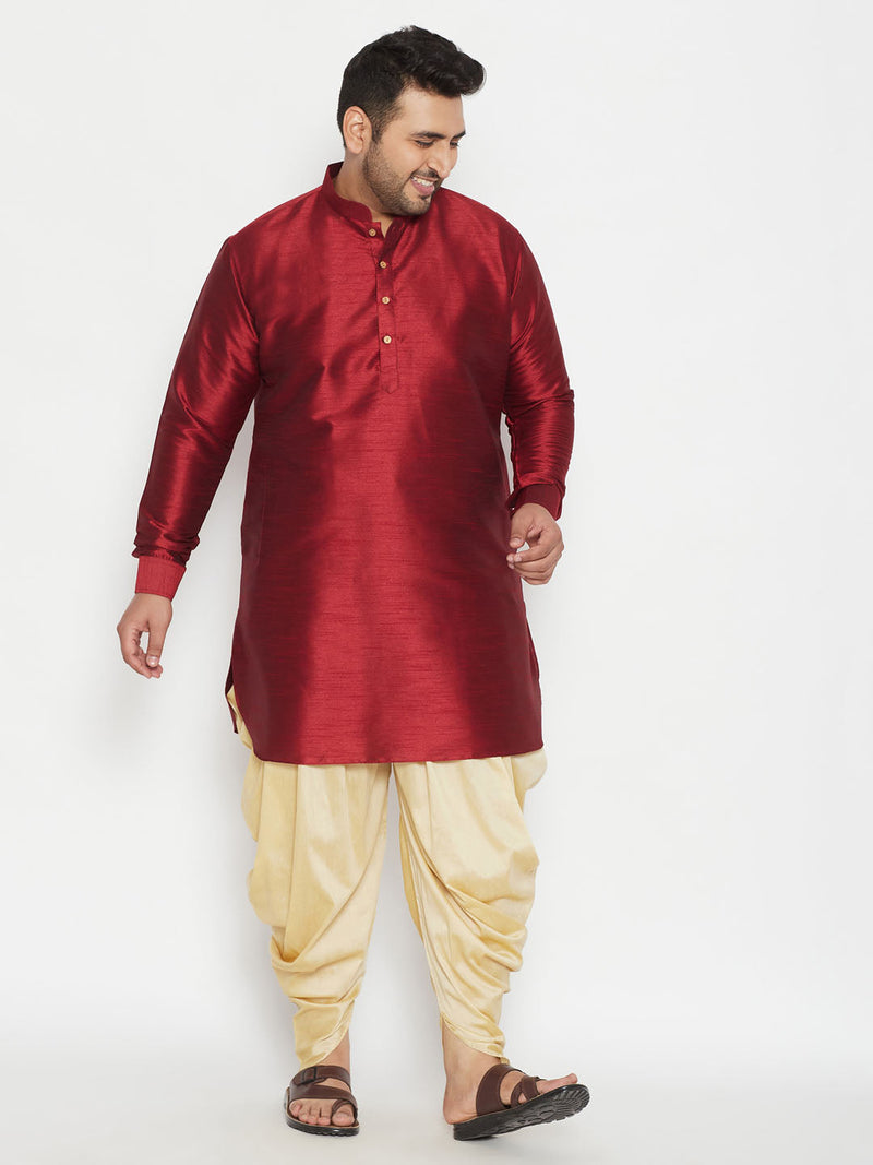 Men's Plus Size Maroon Silk Blend Curved Kurta Dhoti Set