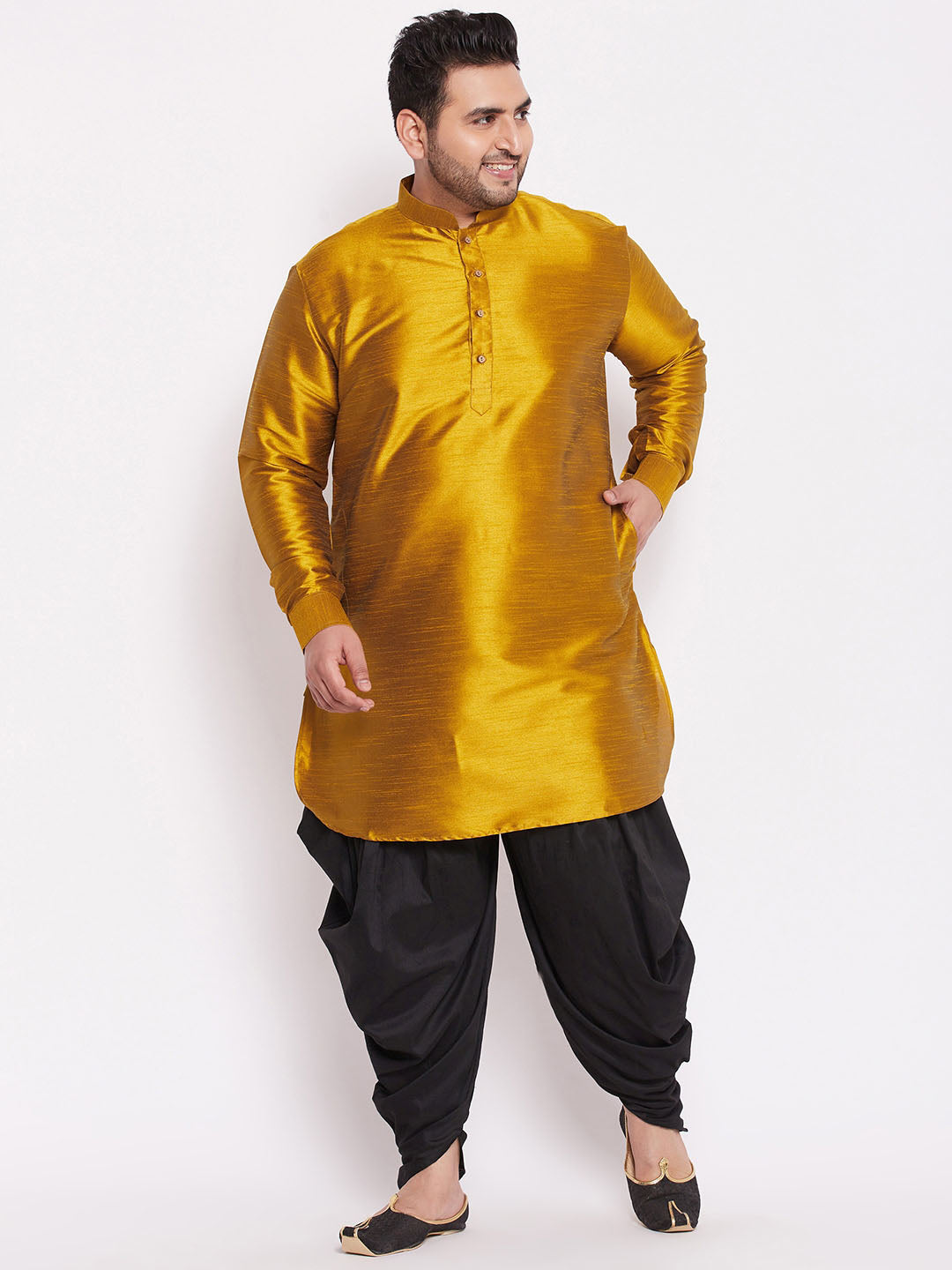 Men's Plus Size Mustard Silk Blend Curved Kurta