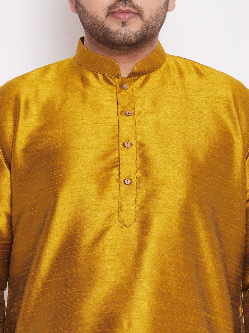 Men's Plus Size Mustard Silk Blend Curved Kurta Dhoti Set