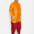 Men's Plus Size Orange Silk Blend Curved Kurta Dhoti Set