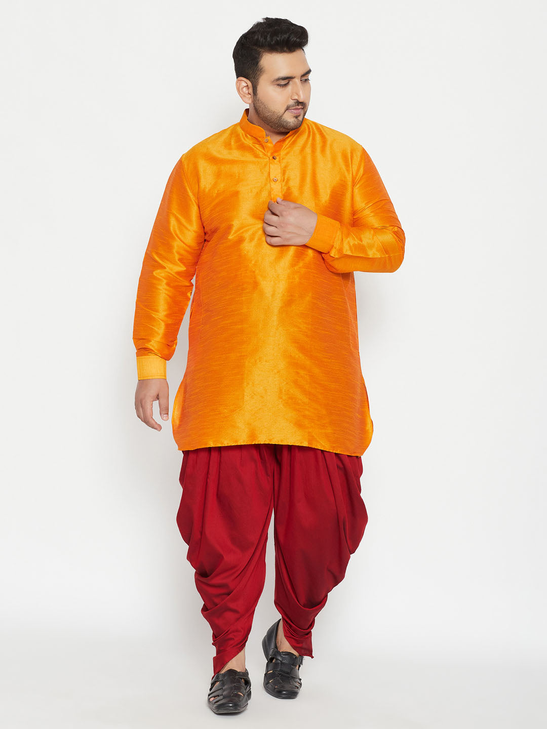 Men's Plus Size Orange Silk Blend Curved Kurta