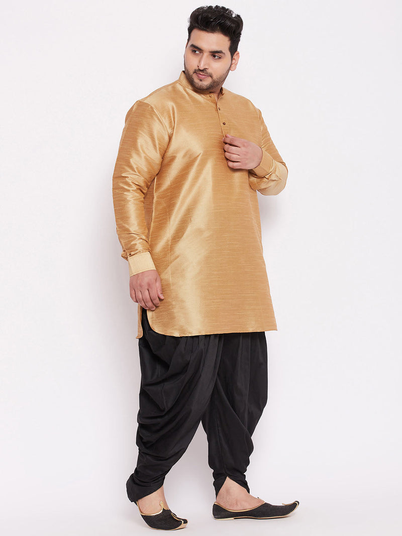 Men's Plus Size Rose Gold Silk Blend Curved Kurta Dhoti Set