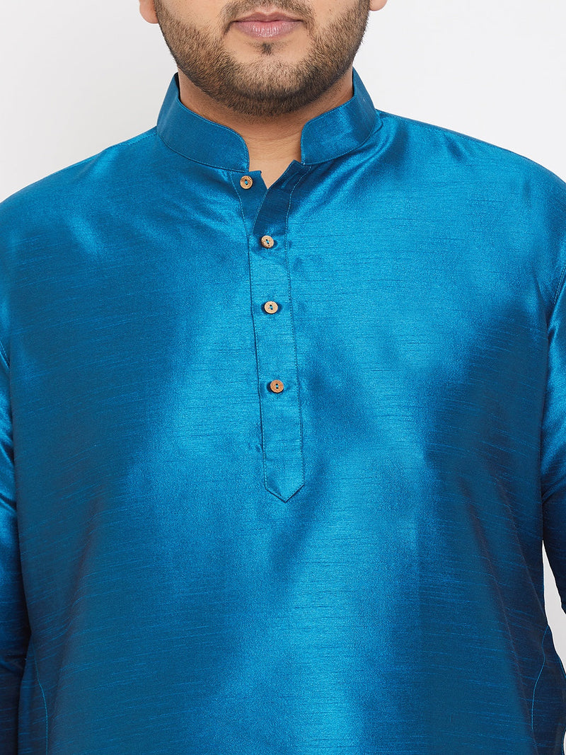 Men's Plus Size Turquoise Silk Blend Curved Kurta