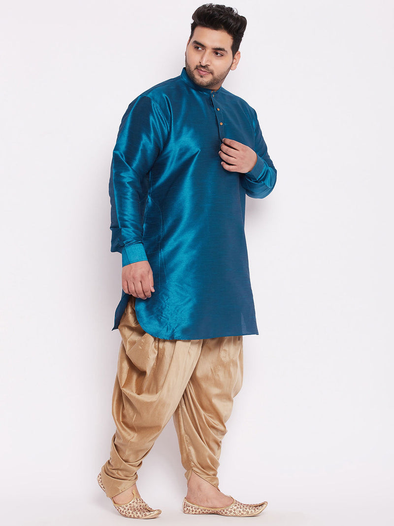 Men's Plus Size Turquoise Silk Blend Curved Kurta Dhoti Set