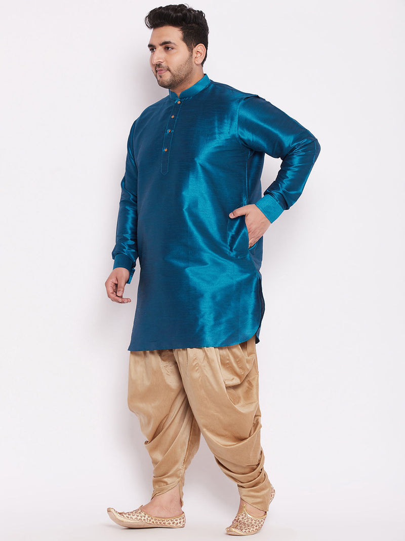 Men's Plus Size Turquoise Silk Blend Curved Kurta Dhoti Set