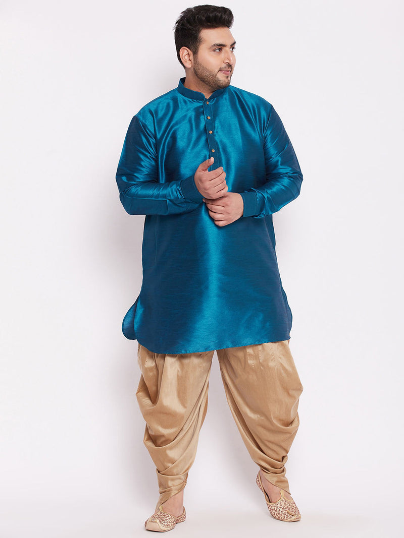 Men's Plus Size Turquoise Silk Blend Curved Kurta Dhoti Set