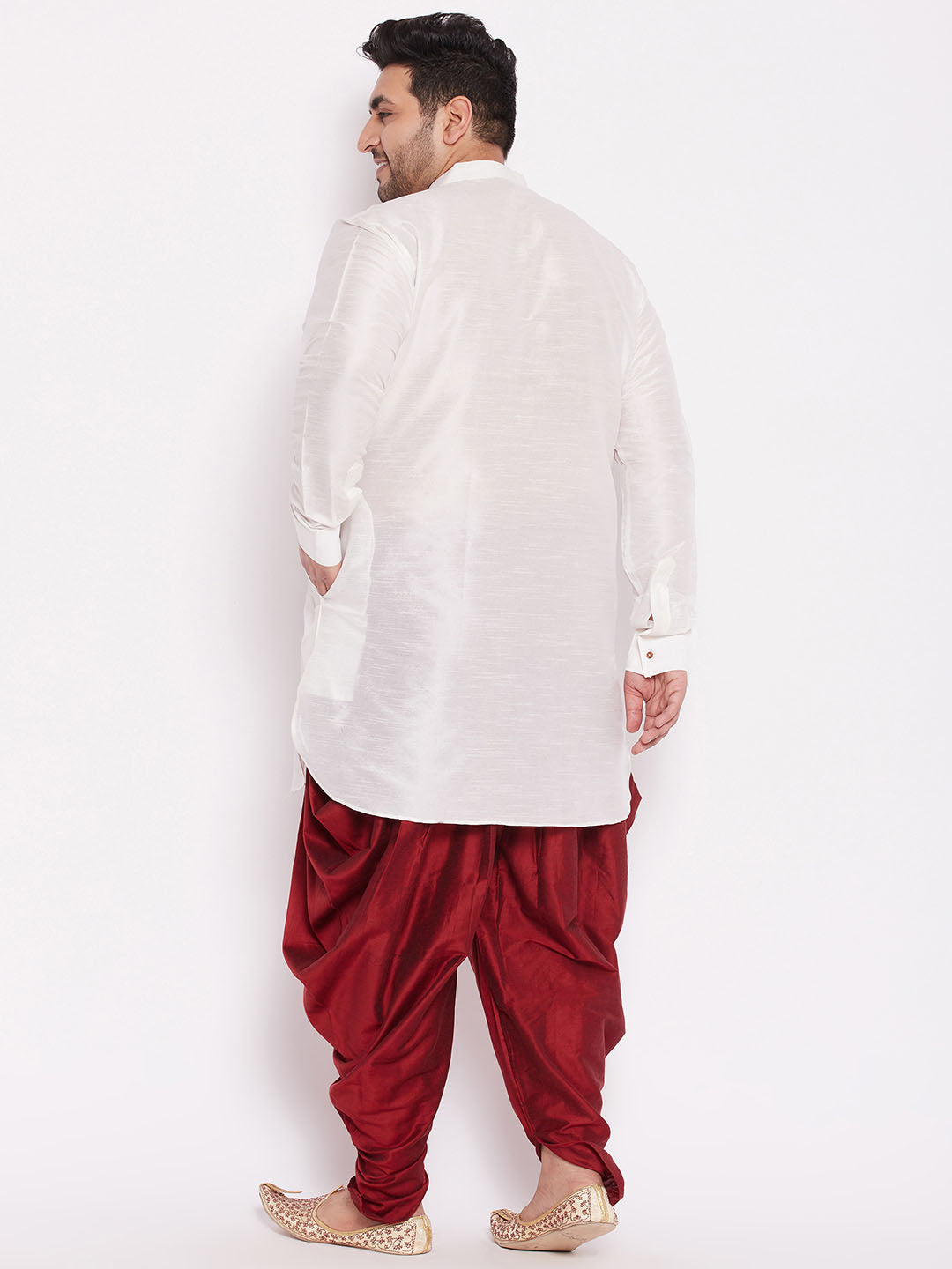 Men's Plus Size White Silk Blend Curved Kurta Dhoti Set