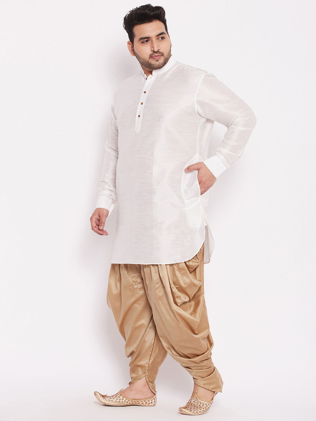 Men's Plus Size White Silk Blend Curved Kurta Dhoti Set