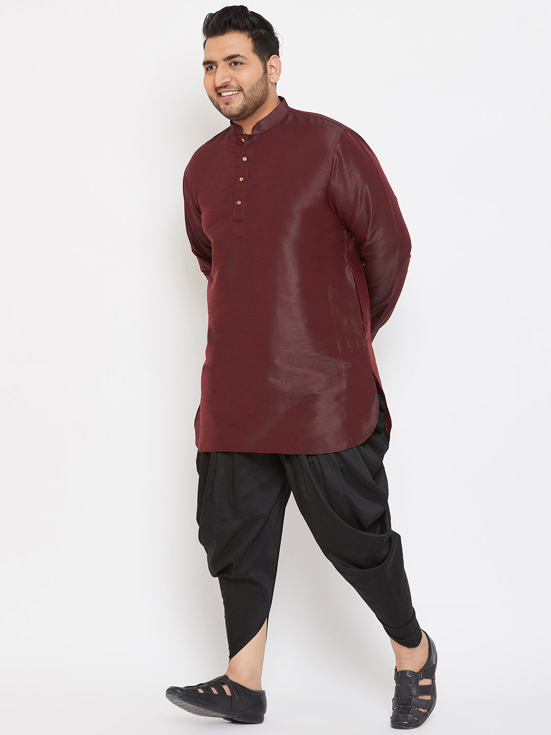 Men's Plus Size Wine Silk Blend Curved Kurta Dhoti Set