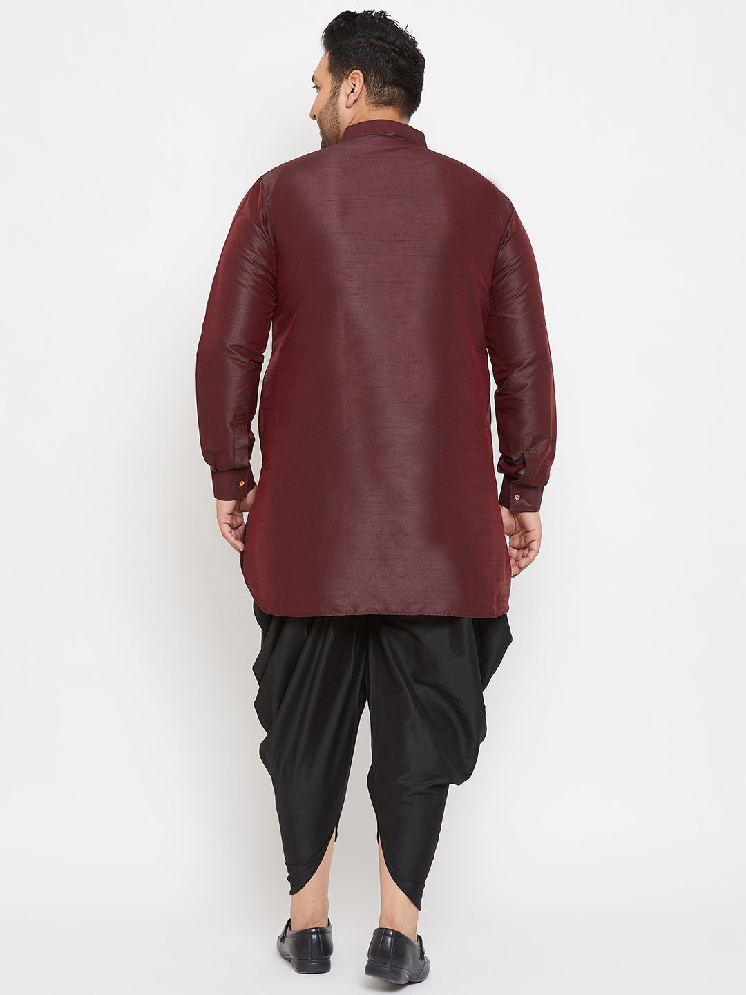 Men's Plus Size Wine Silk Blend Curved Kurta Dhoti Set