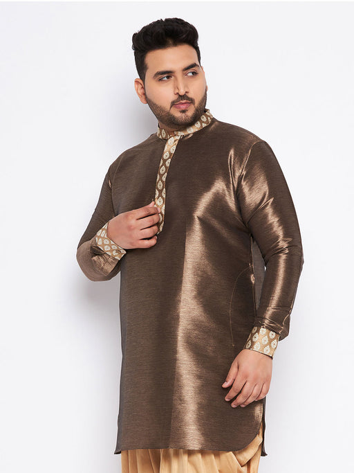 Men's Plus Size Gold Silk Blend Curved Kurta