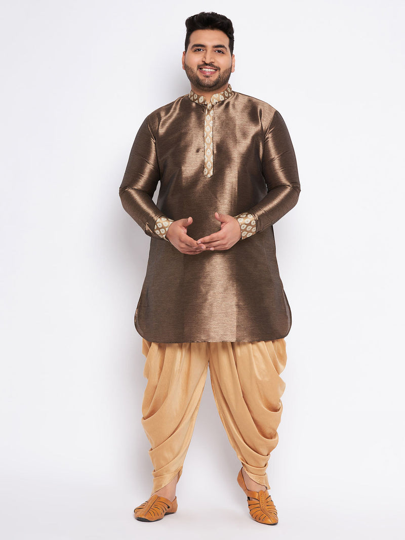 Men's Plus Size Gold Silk Blend Curved Kurta