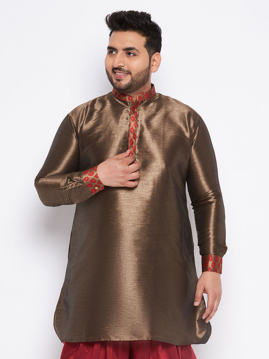 Men's Plus Size Maroon Silk Blend Curved Kurta