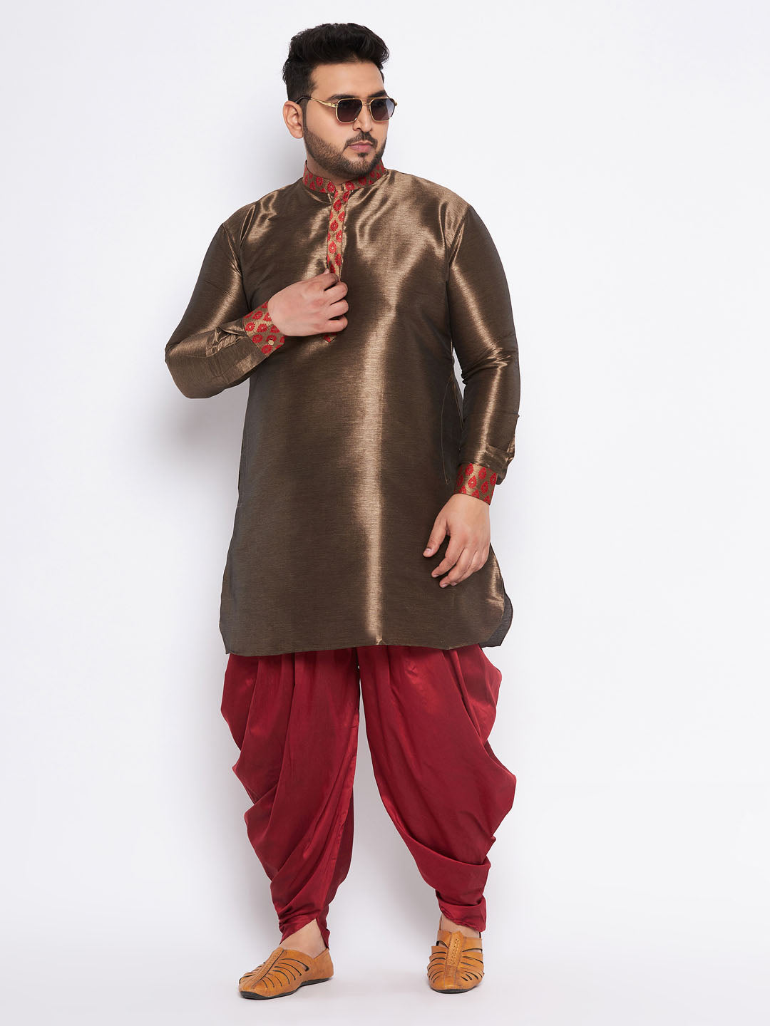 Men's Plus Size Maroon Silk Blend Curved Kurta