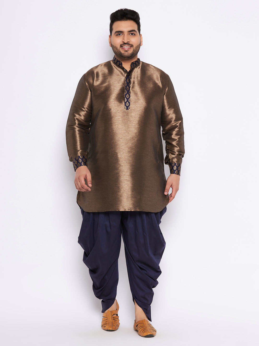 Men's Plus Size Navy Blue Silk Blend Curved Kurta And Dhoti Set