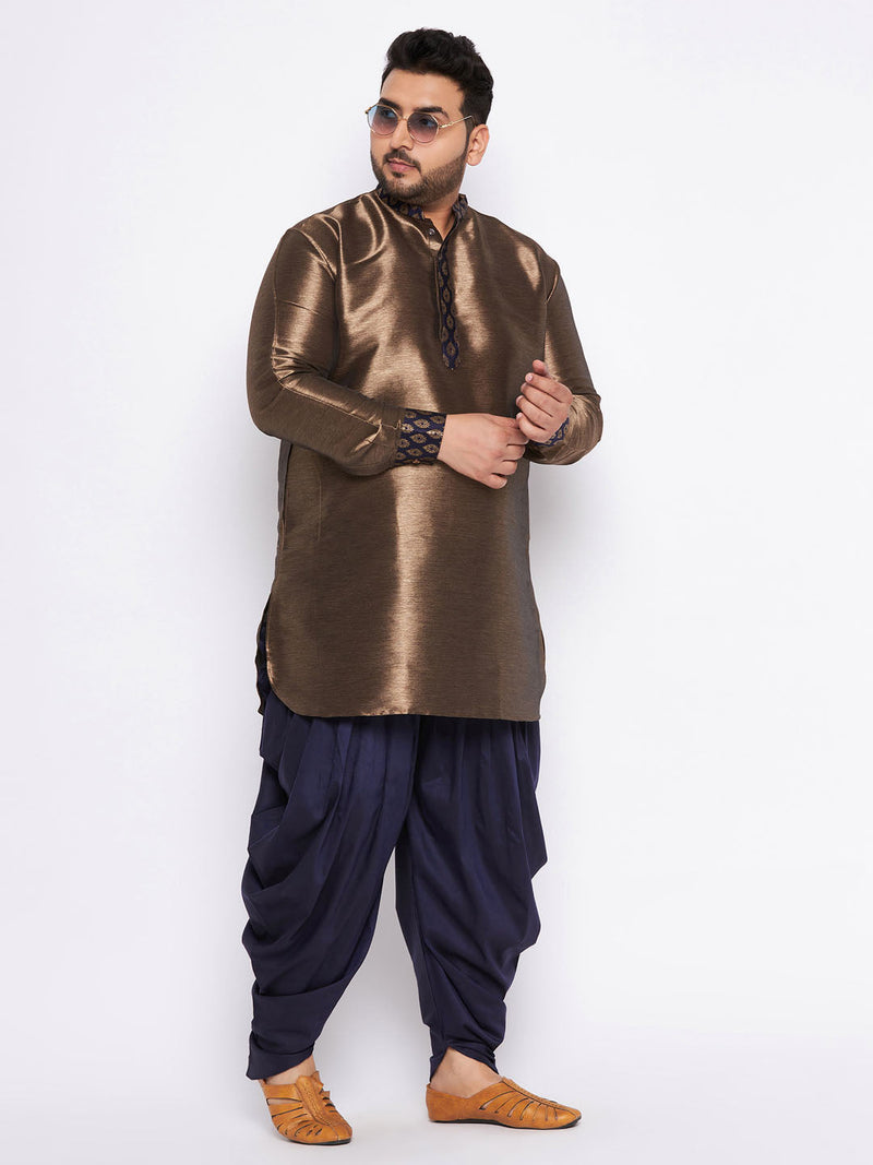 Men's Plus Size Navy Blue Silk Blend Curved Kurta And Dhoti Set