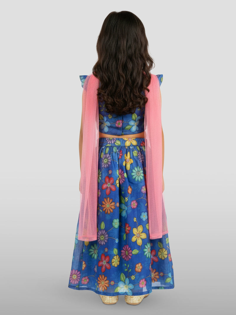 Vastramay Kids Blue Organza Lehenga Set