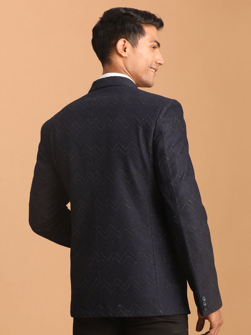 Men's Navy Blue Zig Zag Glitter Silk Blend Blazer