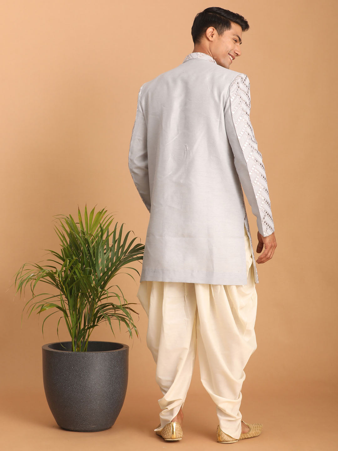Men's Aqua Blue Mirror Indo Western Sherwani With Dhoti Set