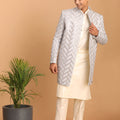 Men's Aqua Blue Mirror Indo Western Sherwani With Kurta Pyjama Set