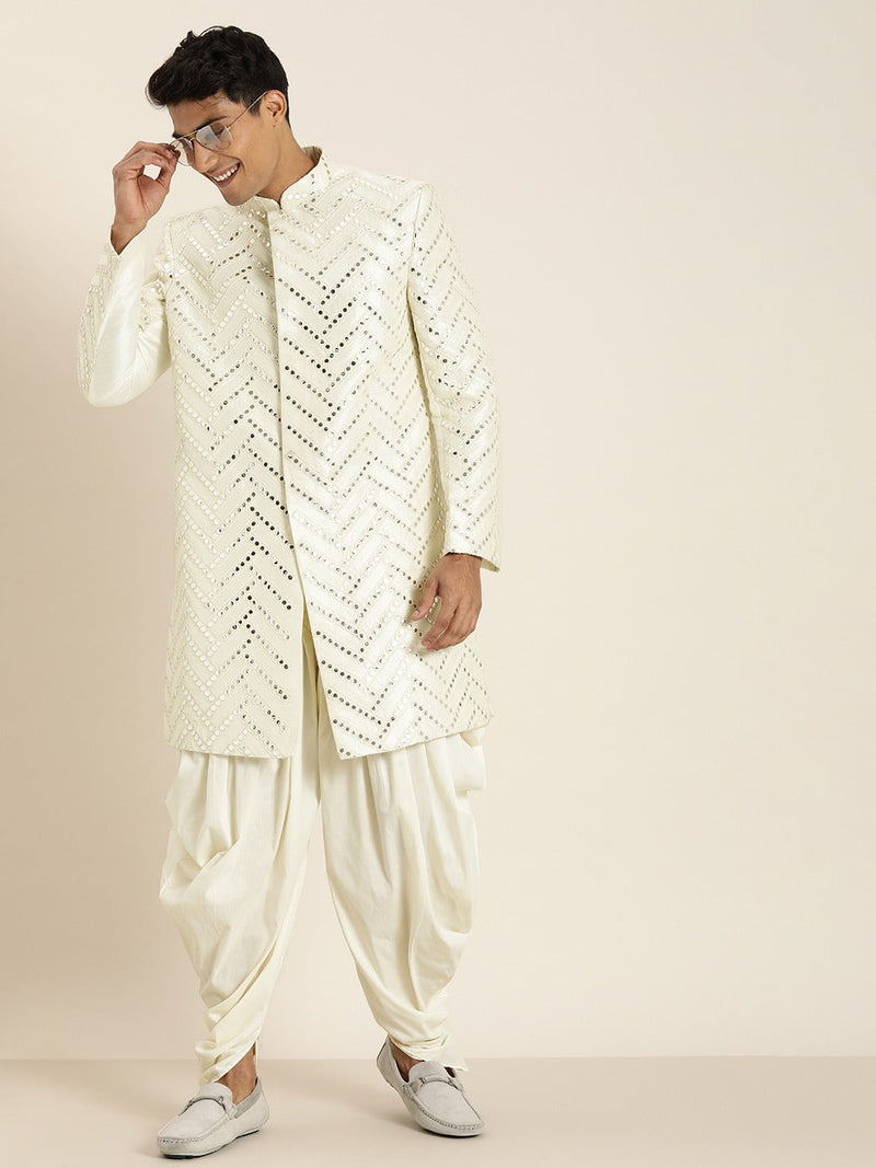 Men's Cream Indo Western Sherwani With Dhoti Set