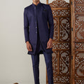 Men's Navy Blue Jacquard Sherwani With Kurta Pant Set