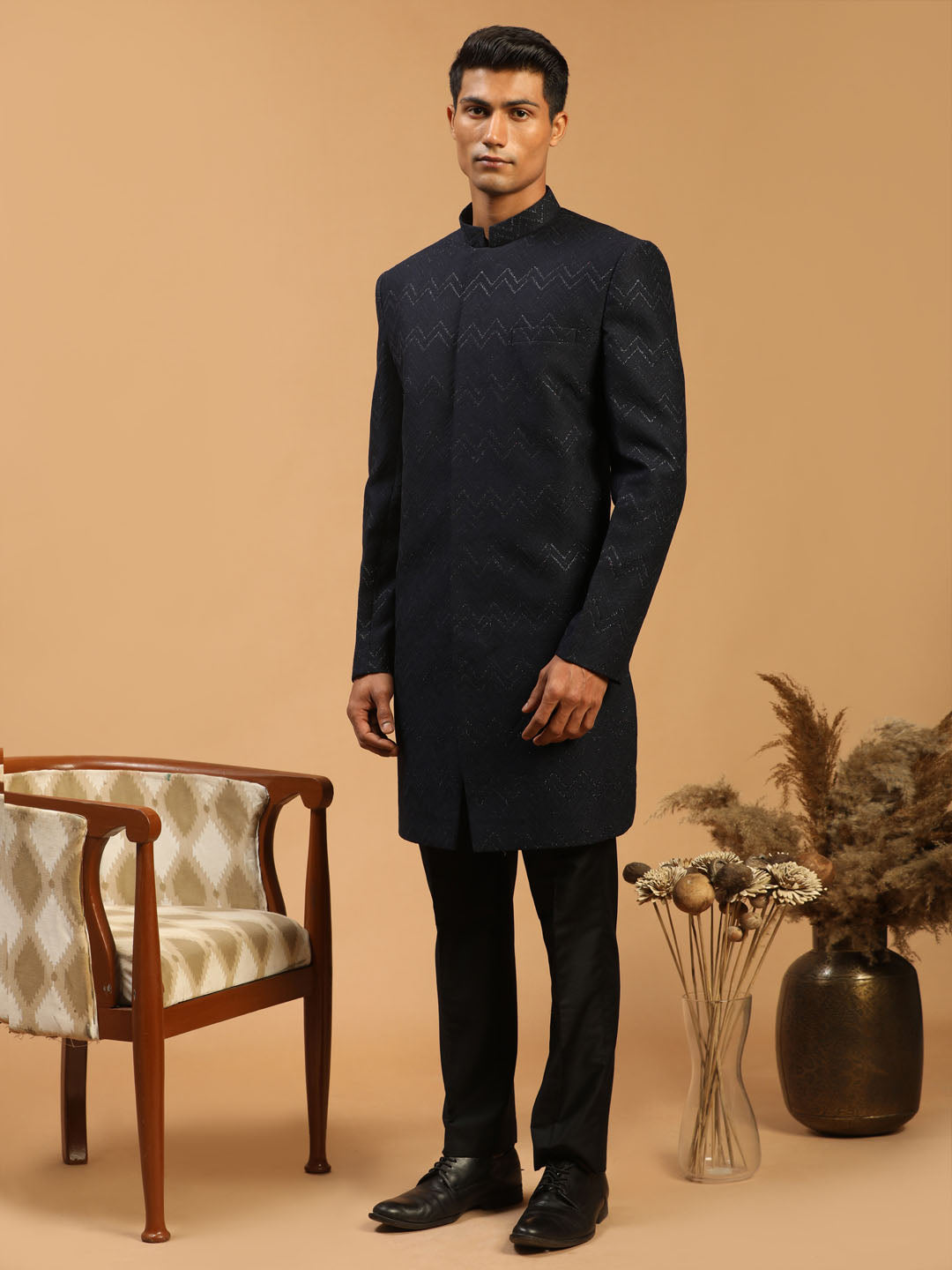 Men's Navy Blue Glitter Indo Western Sherwani Set