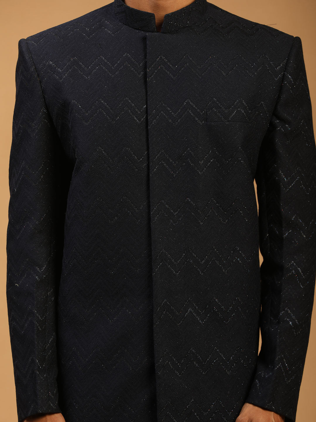 Men's Navy Blue Glitter Indo Western Sherwani Set