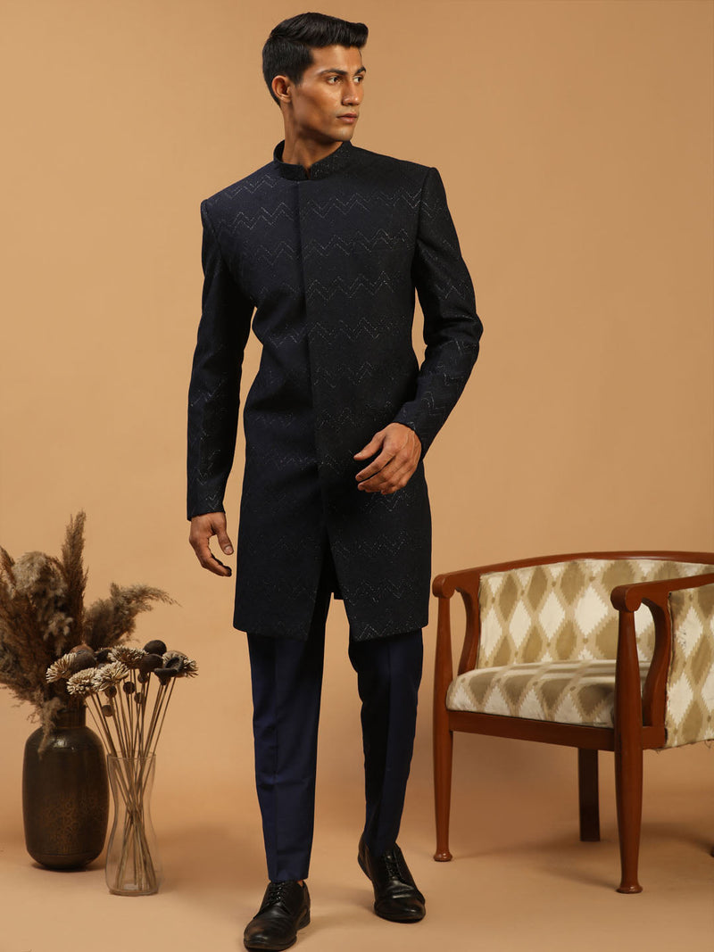 Men's Navy Blue Glitter Indo Western Sherwani Set