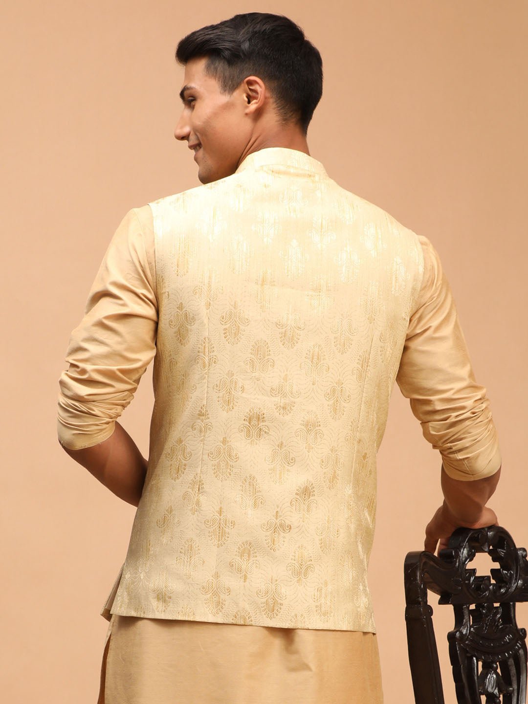 Men's Gold Woven Flap Ethnic Jacket