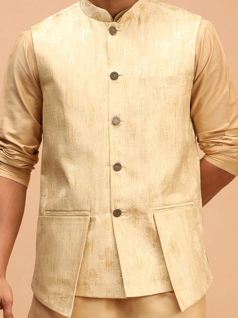 Men's Gold Woven Flap Ethnic Jacket