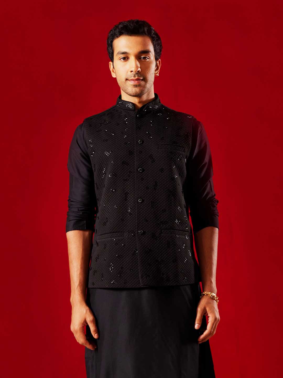 Men's Black Jacquard Cut Dana Hand Worked Jacket