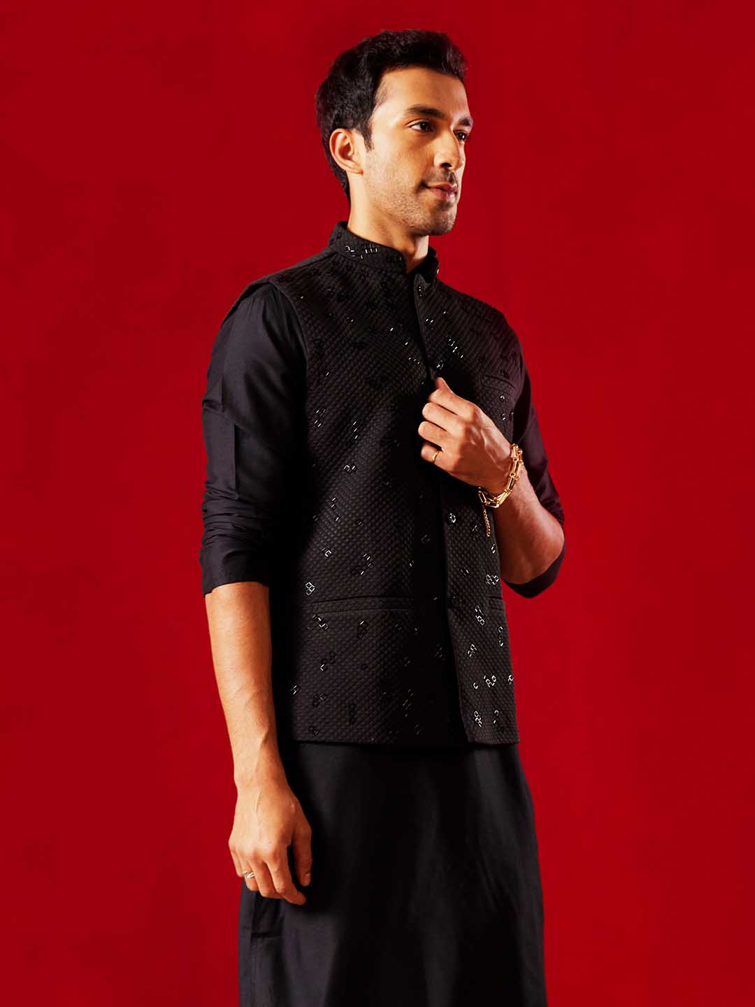 Men's Black Jacquard Cut Dana Hand Worked Jacket