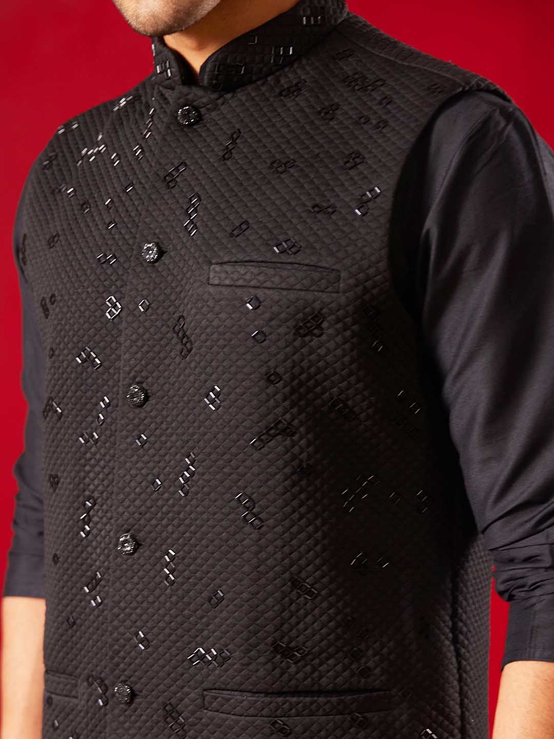 Men's Black Jacquard Cut Dana Hand Worked Jacket
