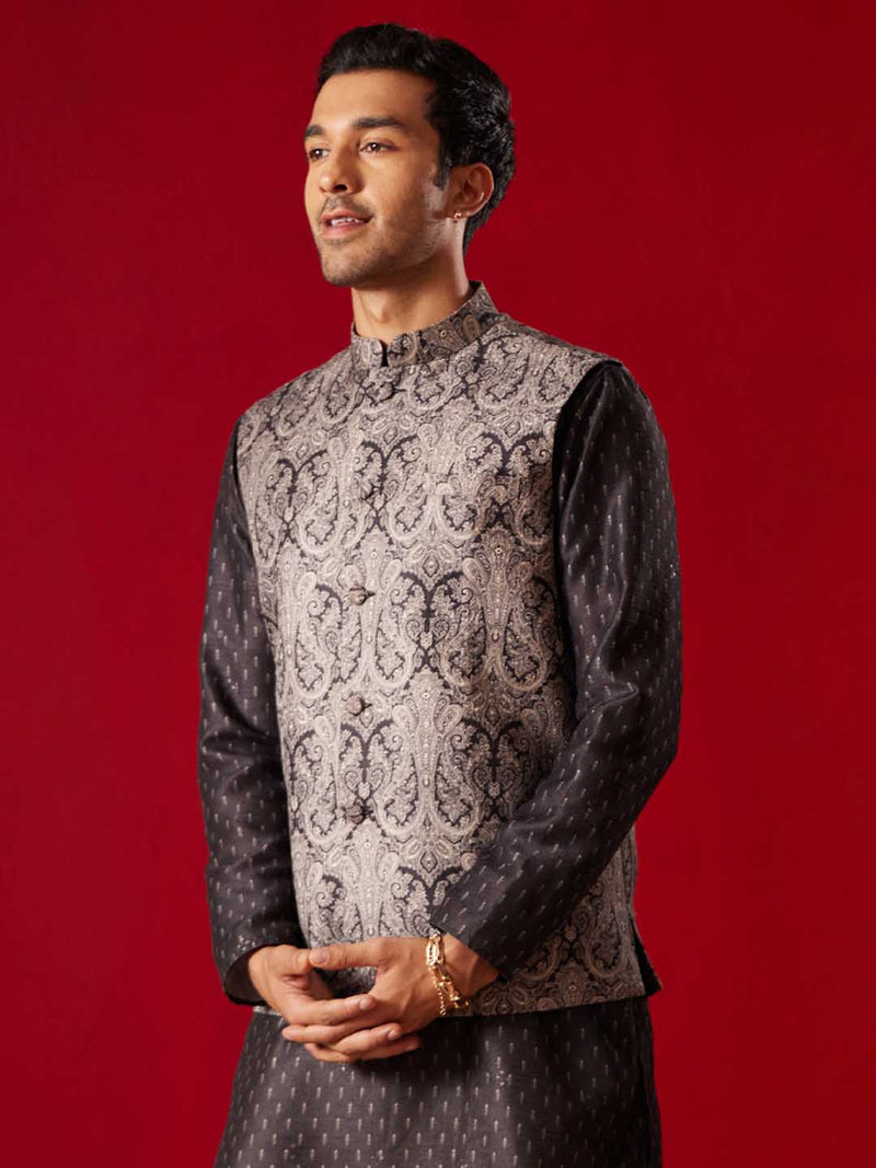 Men's Black Jacquard Silk Blend Ethnic Jacket